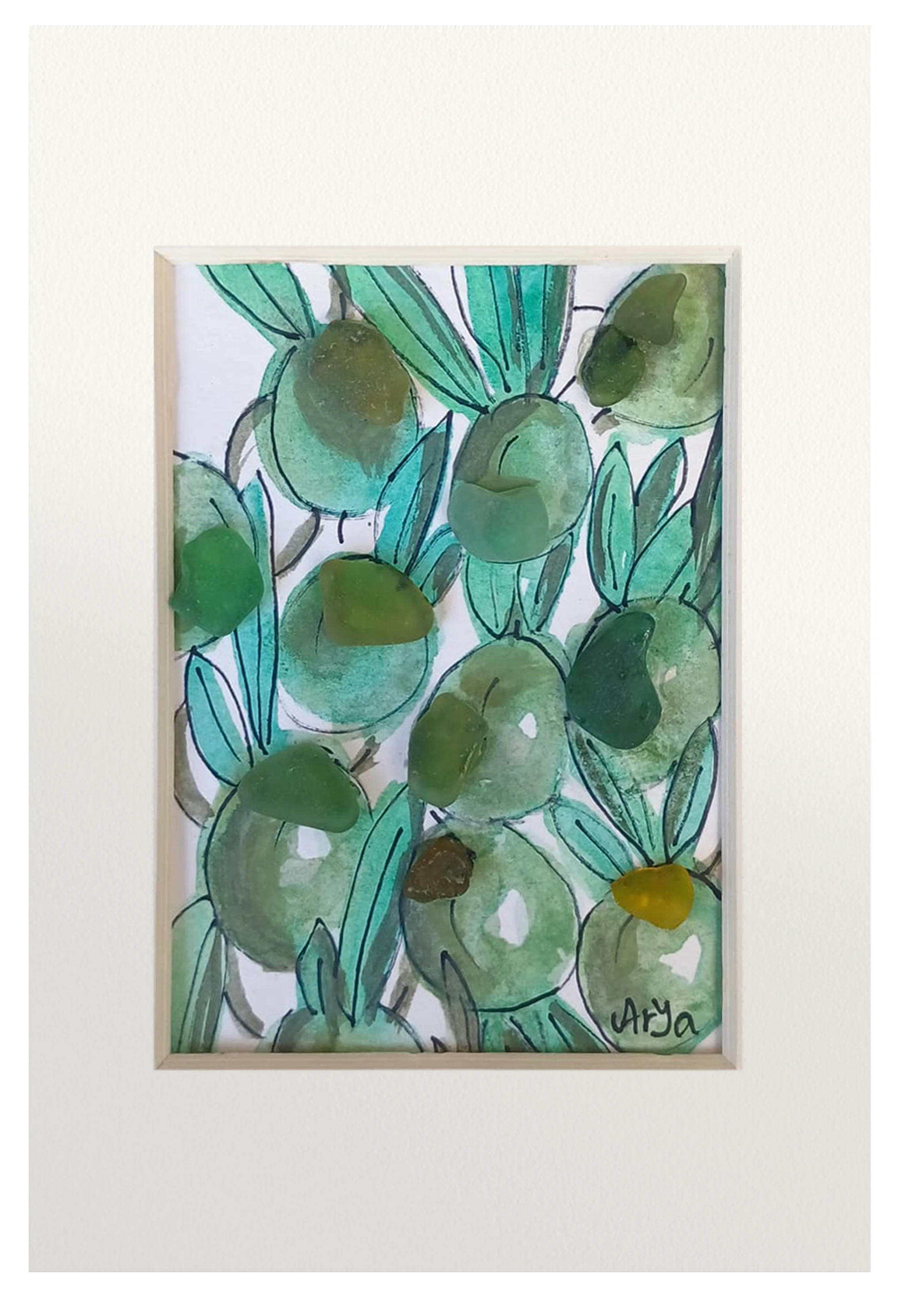 Cuadro de olivas con sus hojas con vidrio de mar dando volumen y tonalidad sobre acuarela y tinta