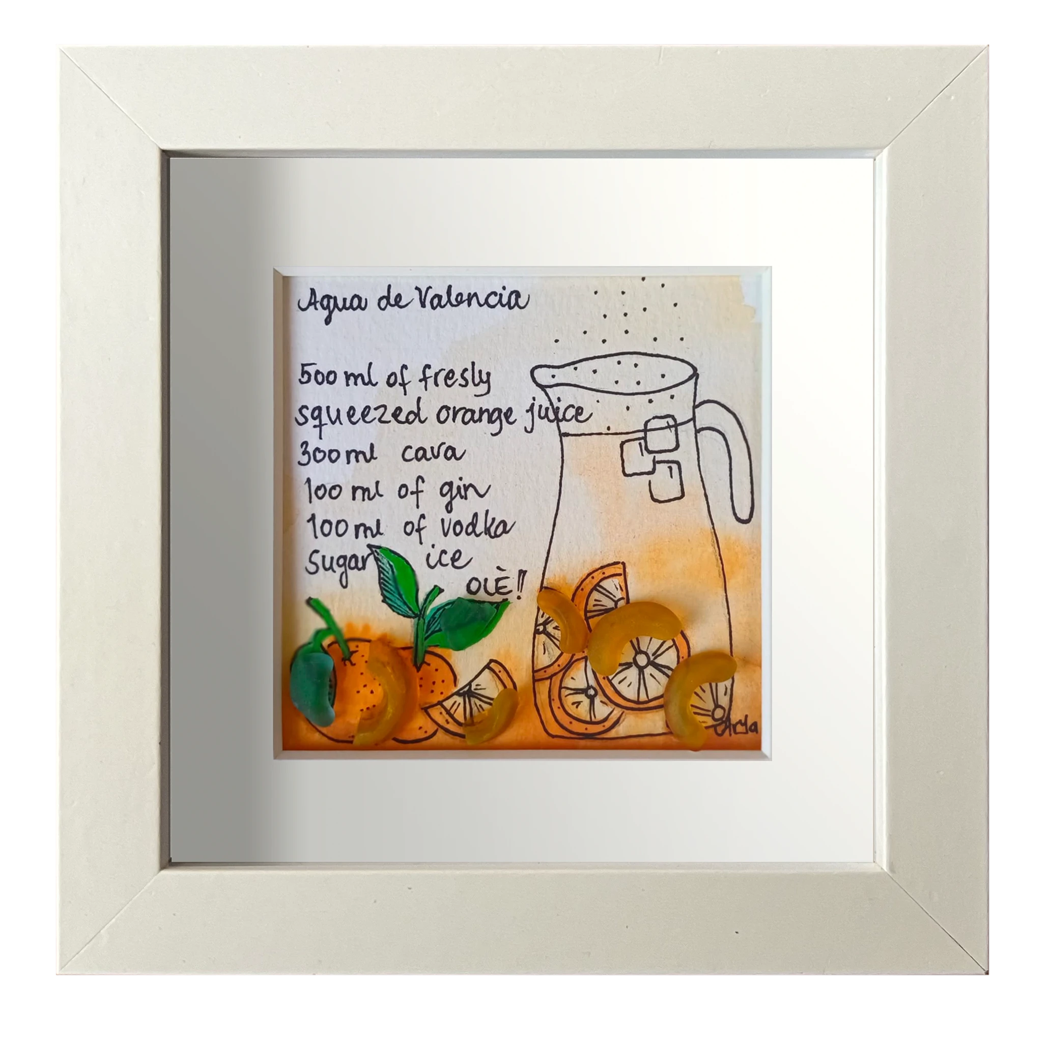 Cuadro con dibujo de jarra y receta de agua de valencia con decoración de naranjas adornadas con vidrio de mar