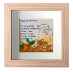 Cuadro con dibujo de jarra y receta de agua de valencia con decoración de naranjas adornadas con vidrio de mar