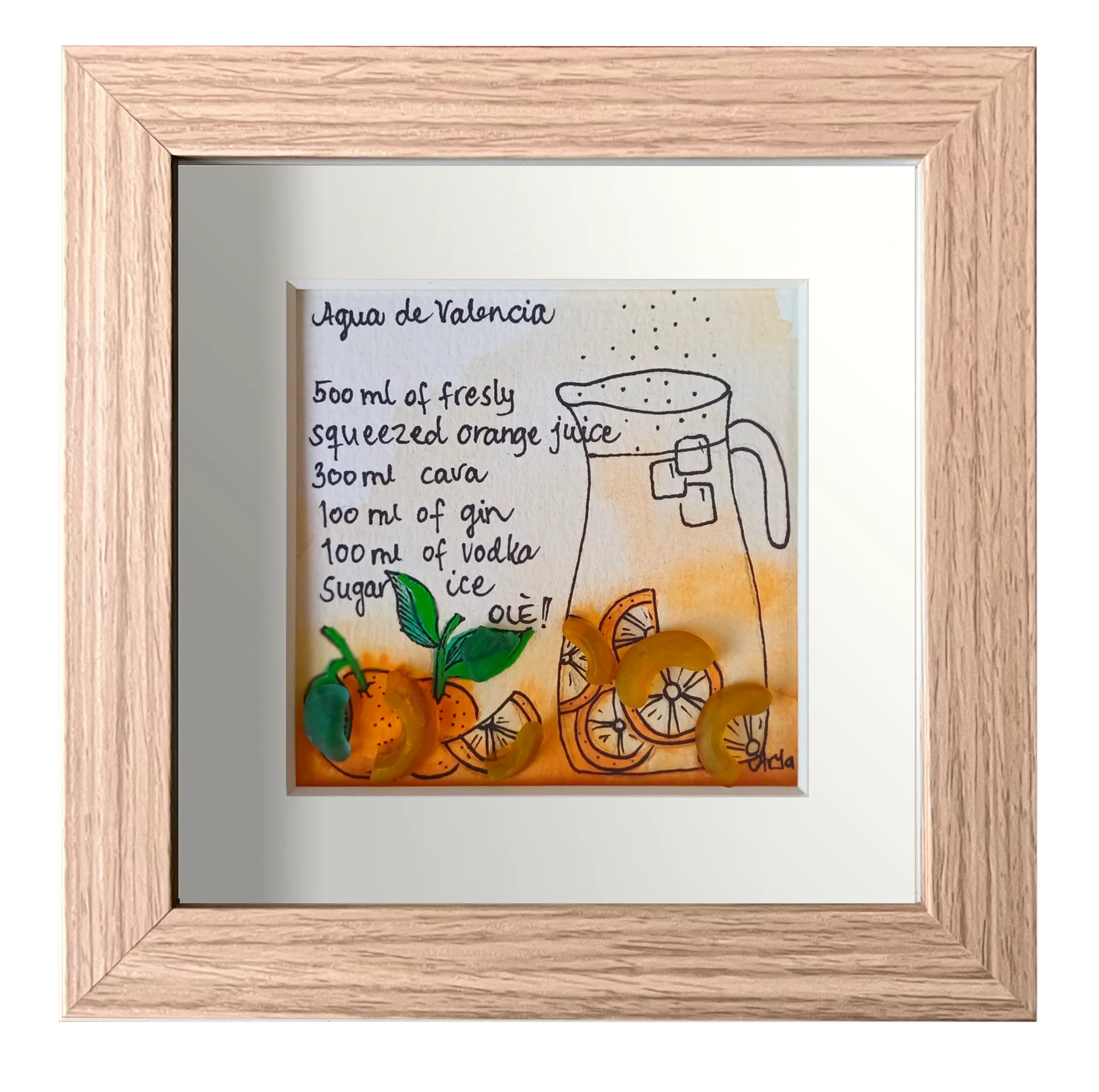 Cuadro con dibujo de jarra y receta de agua de valencia con decoración de naranjas adornadas con vidrio de mar