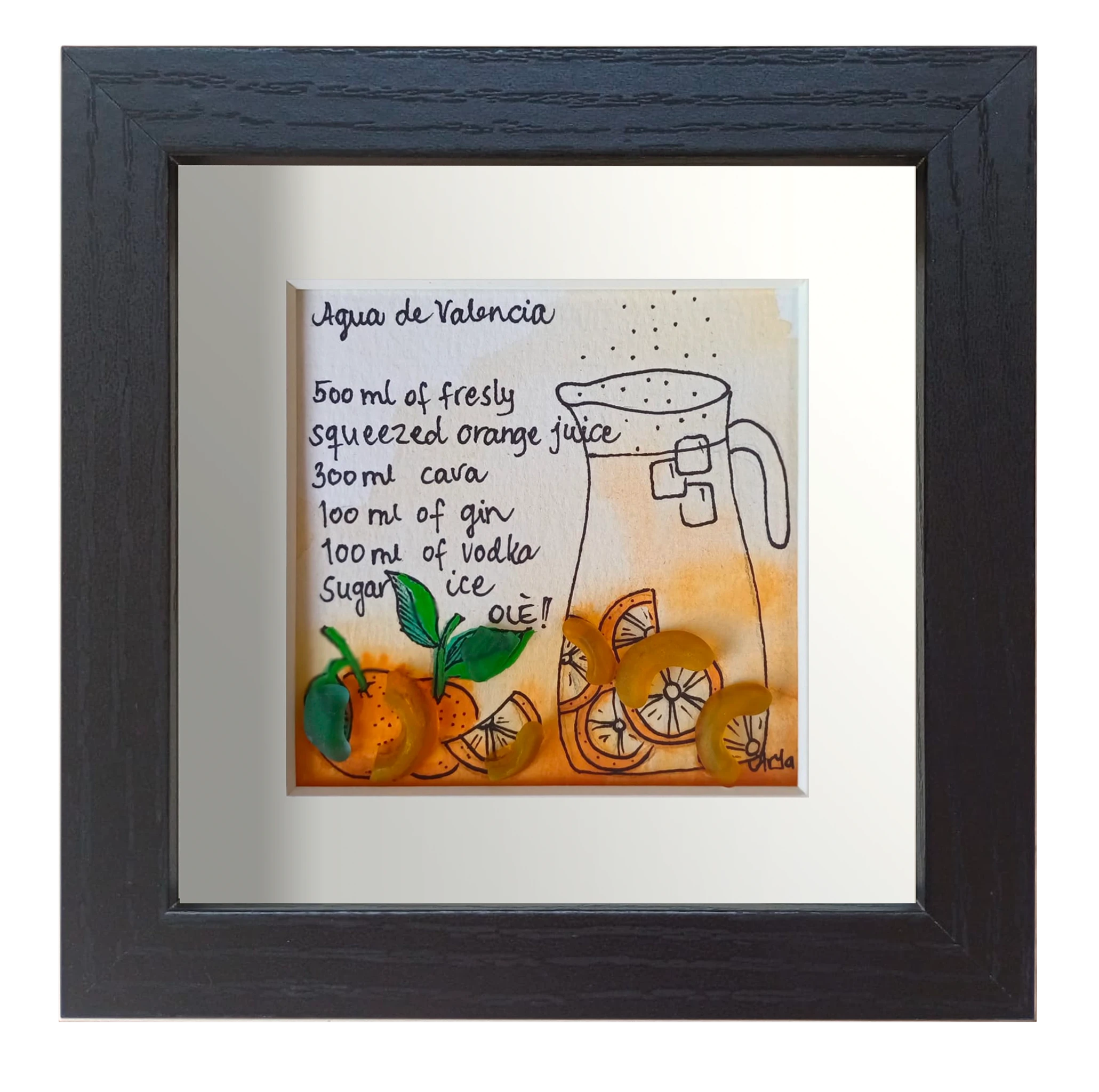 Cuadro con dibujo de jarra y receta de agua de valencia con decoración de naranjas adornadas con vidrio de mar