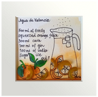 Cuadro con dibujo de jarra y receta de agua de valencia con decoración de naranjas adornadas con vidrio de mar