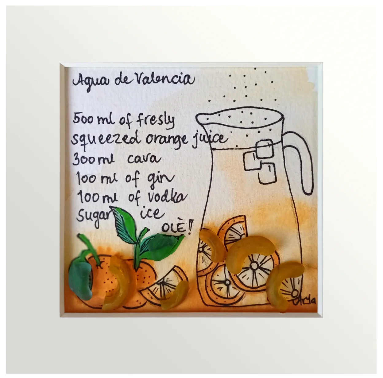 Cuadro con dibujo de jarra y receta de agua de valencia con decoración de naranjas adornadas con vidrio de mar