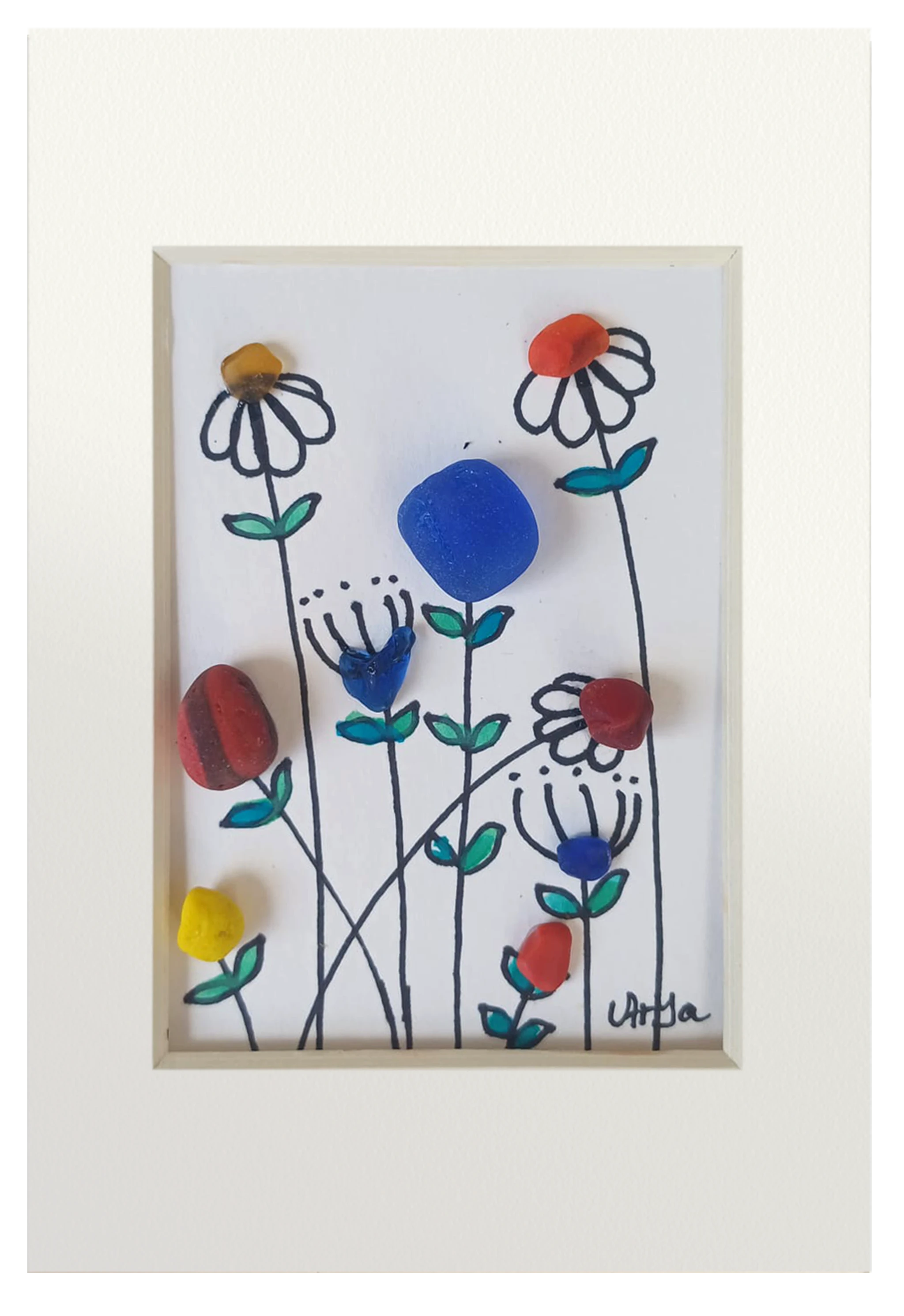 Cuadro con flores silvestres hechas con acarela, tinta y vidrio de mar multiclor