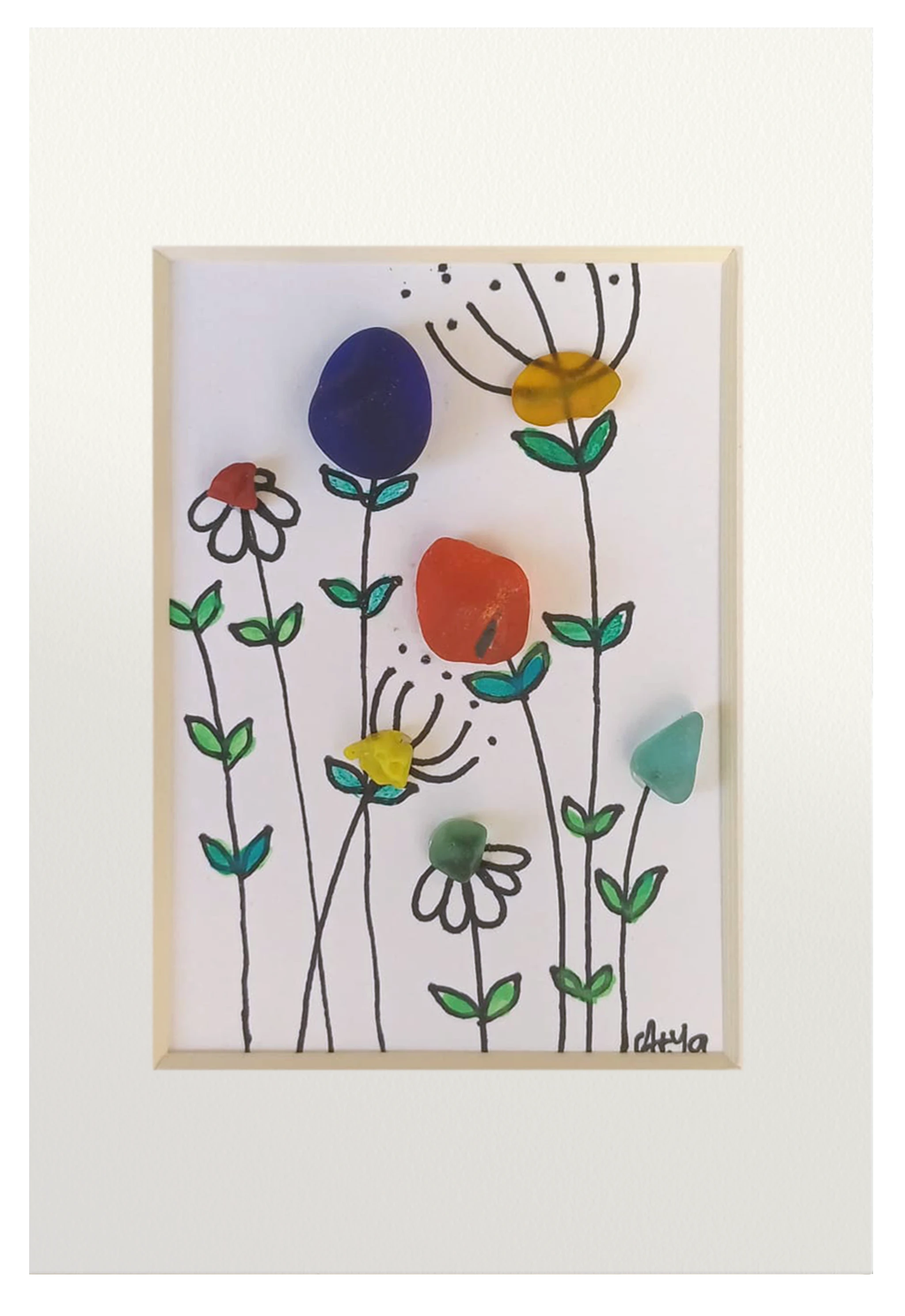Cuadro de flores silvestres hechas con tinta y cristales de mar erosionado