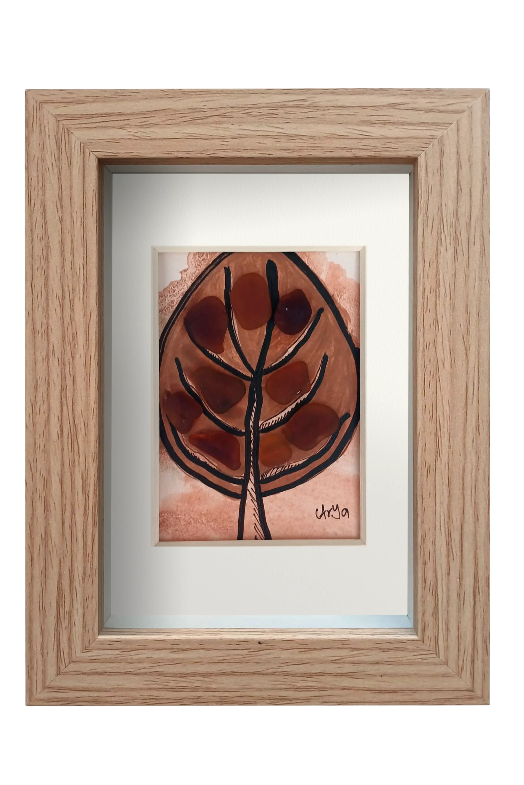 Cuadro de tinta, acuarela y vidrio de mar marrón representando una hoja otoñal. Marco madera