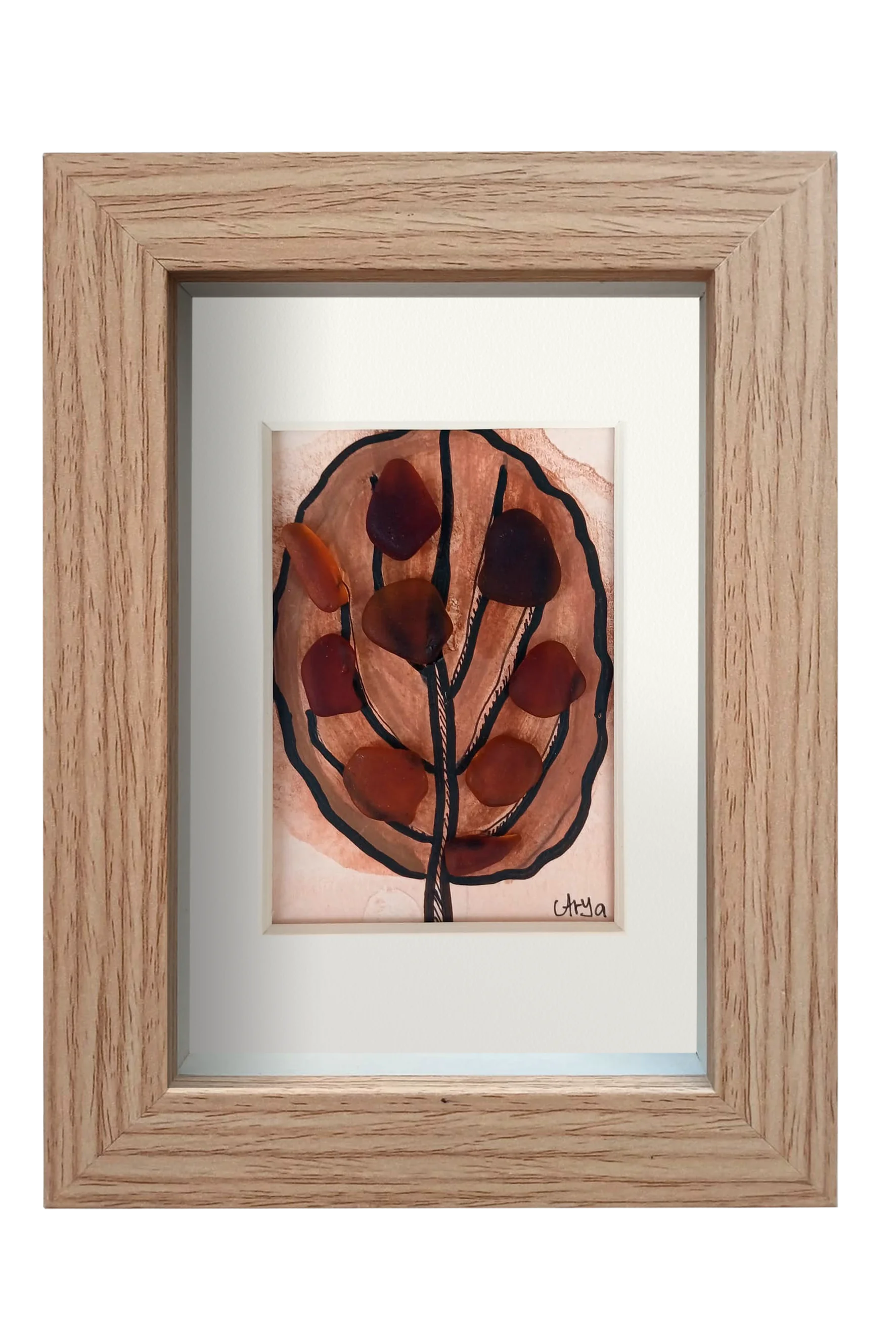 Cuadro de tinta, acuarela y vidrio de mar marrón representando una hoja otoñal. Marco madera