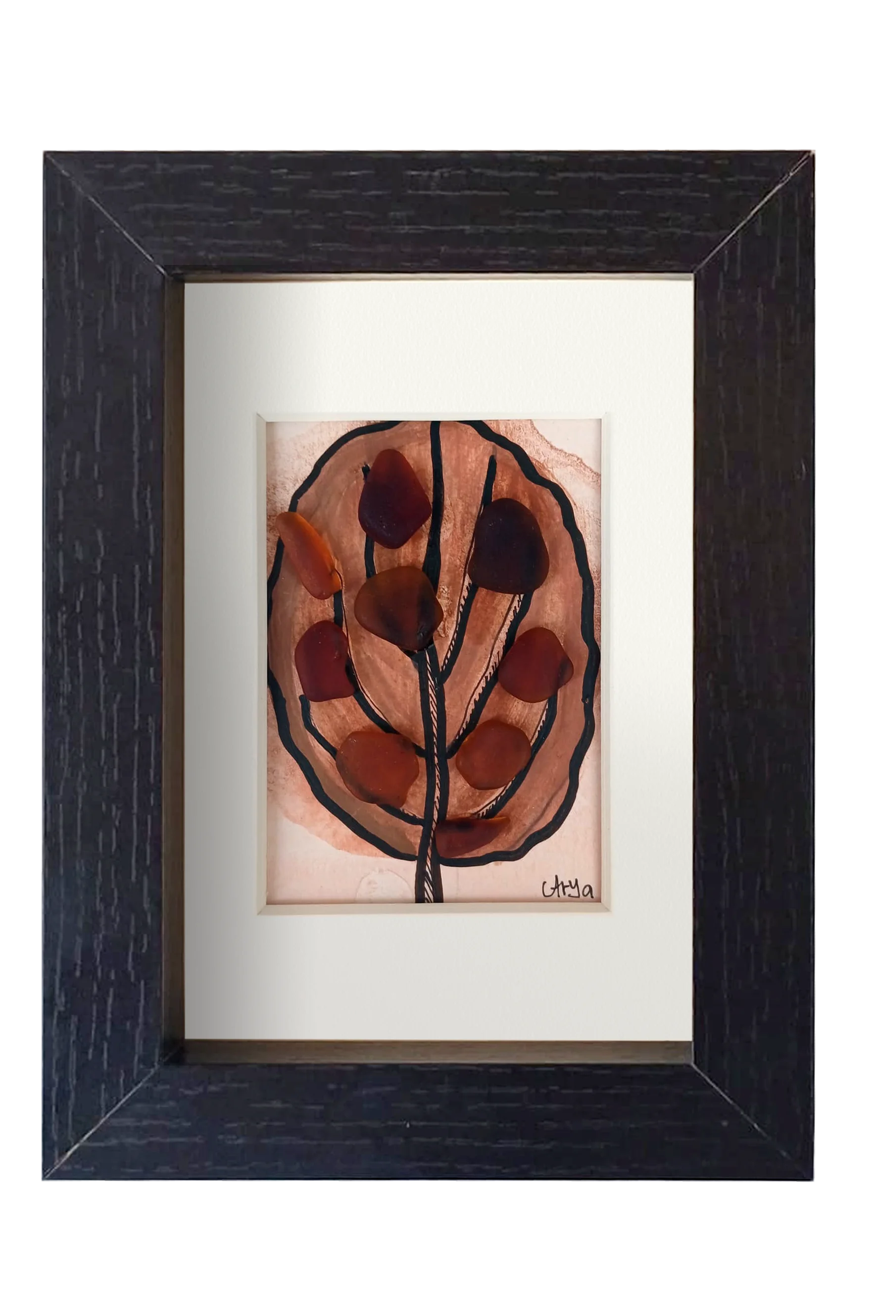 Cuadro de tinta, acuarela y vidrio de mar marrón representando una hoja otoñal. Marco negro