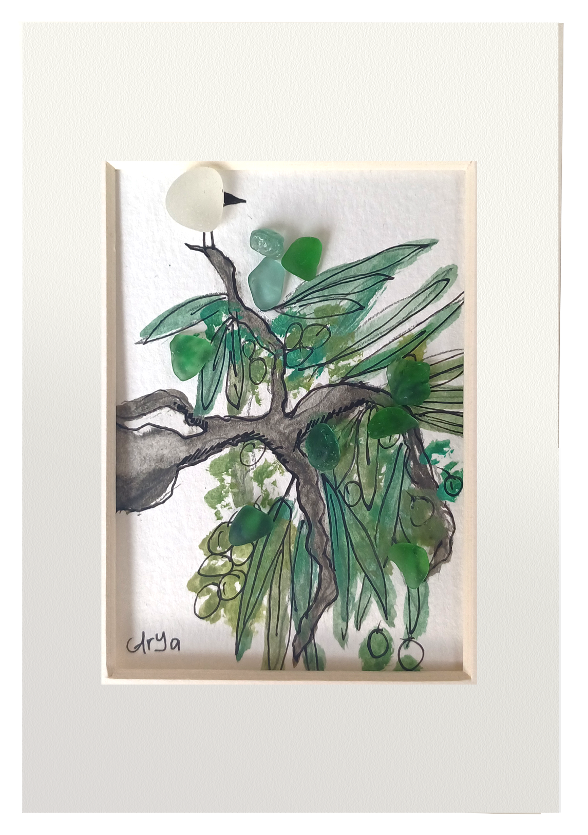 Obra con ilustración de ramas de olivo con un pajarito posado en una de ellas. 