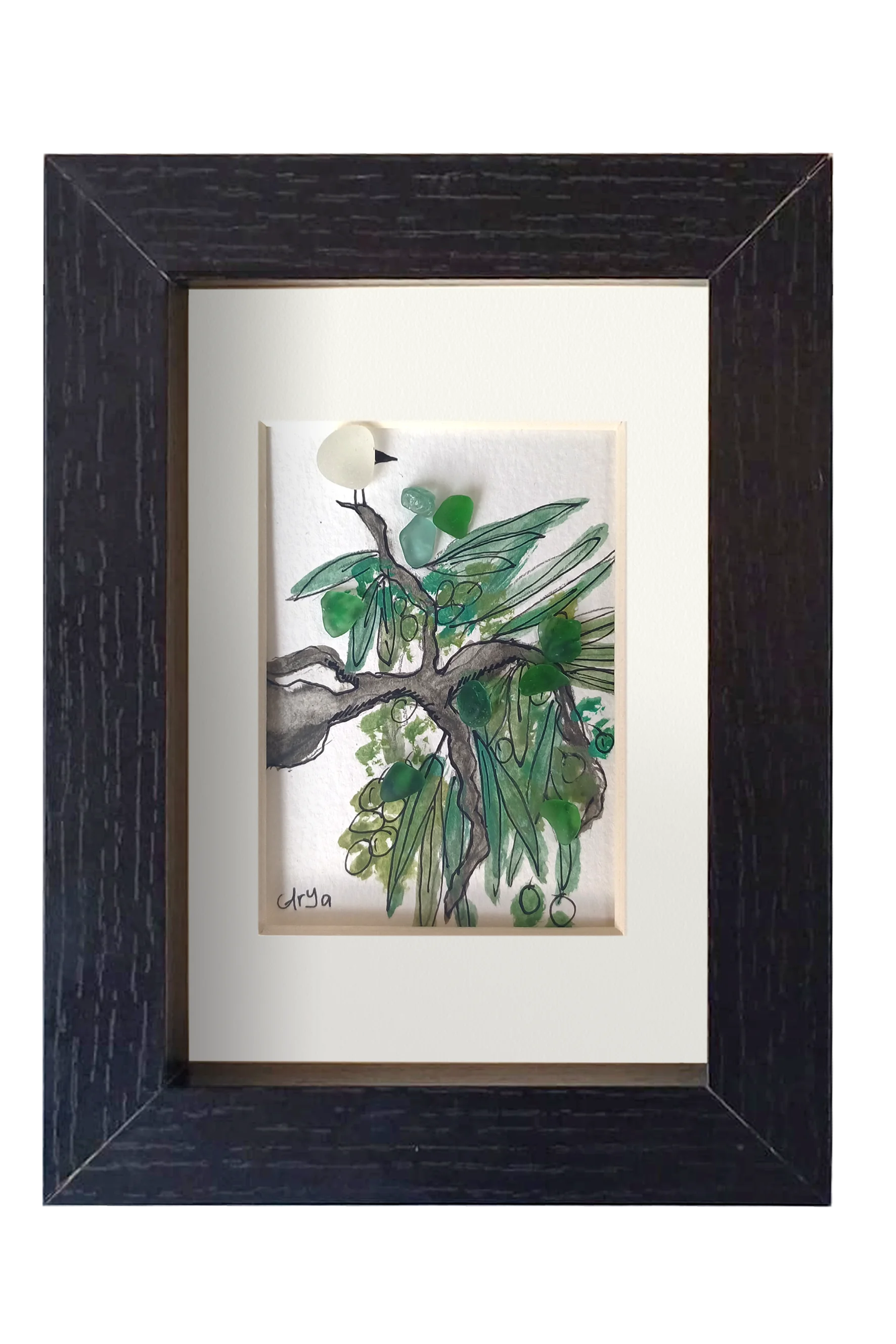 Cuadro con dibujo en tinta y acuarela de Pájaro subido a la rama de un olivo con vidrio de mar en tonos verdes dando volumen a las olivas. Marco negro