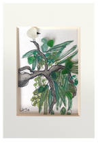 Cuadro con dibujo en tinta y acuarela de Pájaro subido a la rama de un olivo con vidrio de mar en tonos verdes dando volumen a las olivas