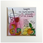 Refrescante cuadro con dibujo de jarra de sangría con decoración de naranja y limones con la receta escrita. Acuarelas y vidrio de mar naranja y rojo dando volumen a la fruta
