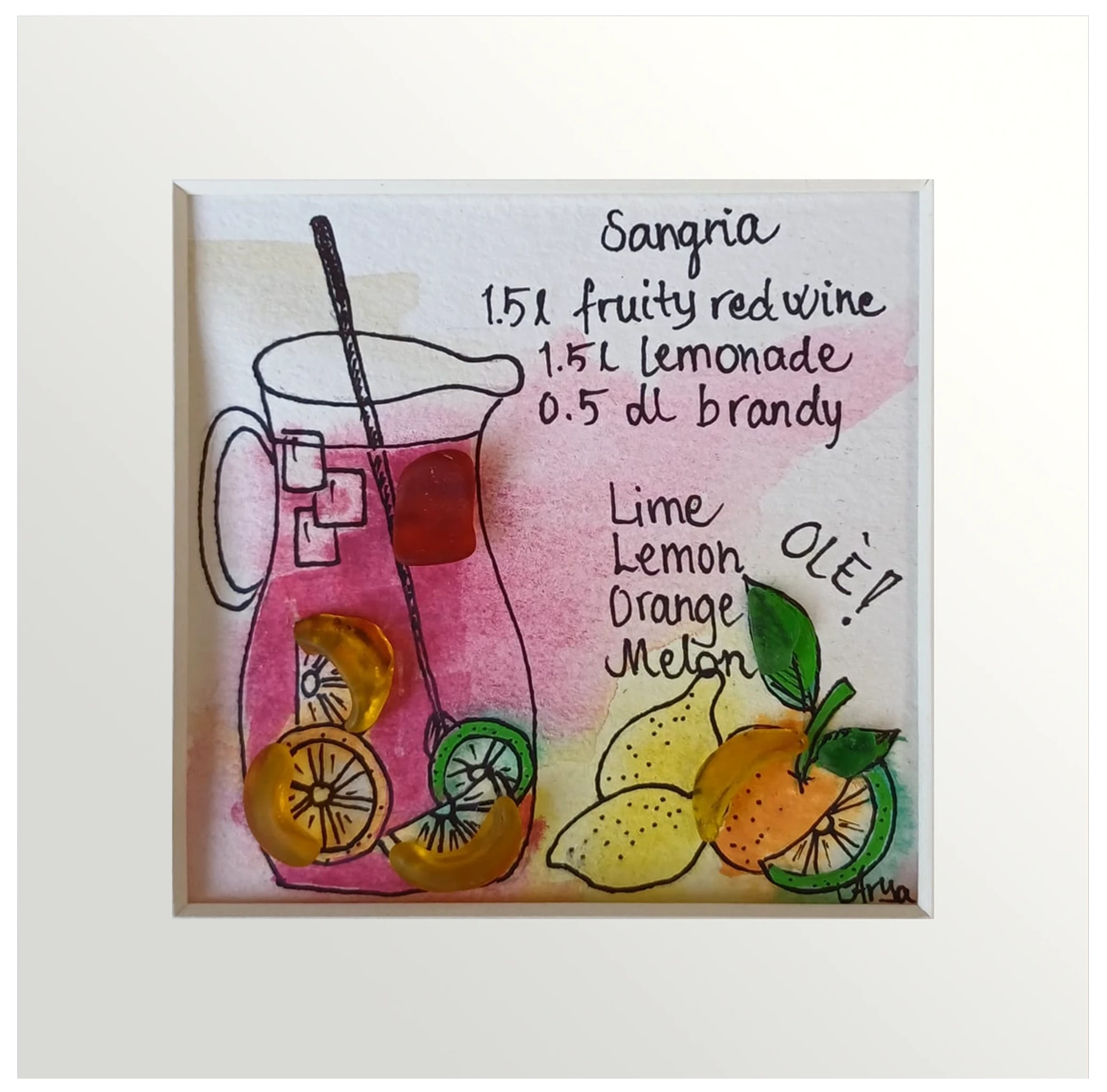 Refrescante cuadro con dibujo de jarra de sangría con decoración de naranja y limones con la receta escrita. Acuarelas y vidrio de mar naranja y rojo dando volumen a la fruta