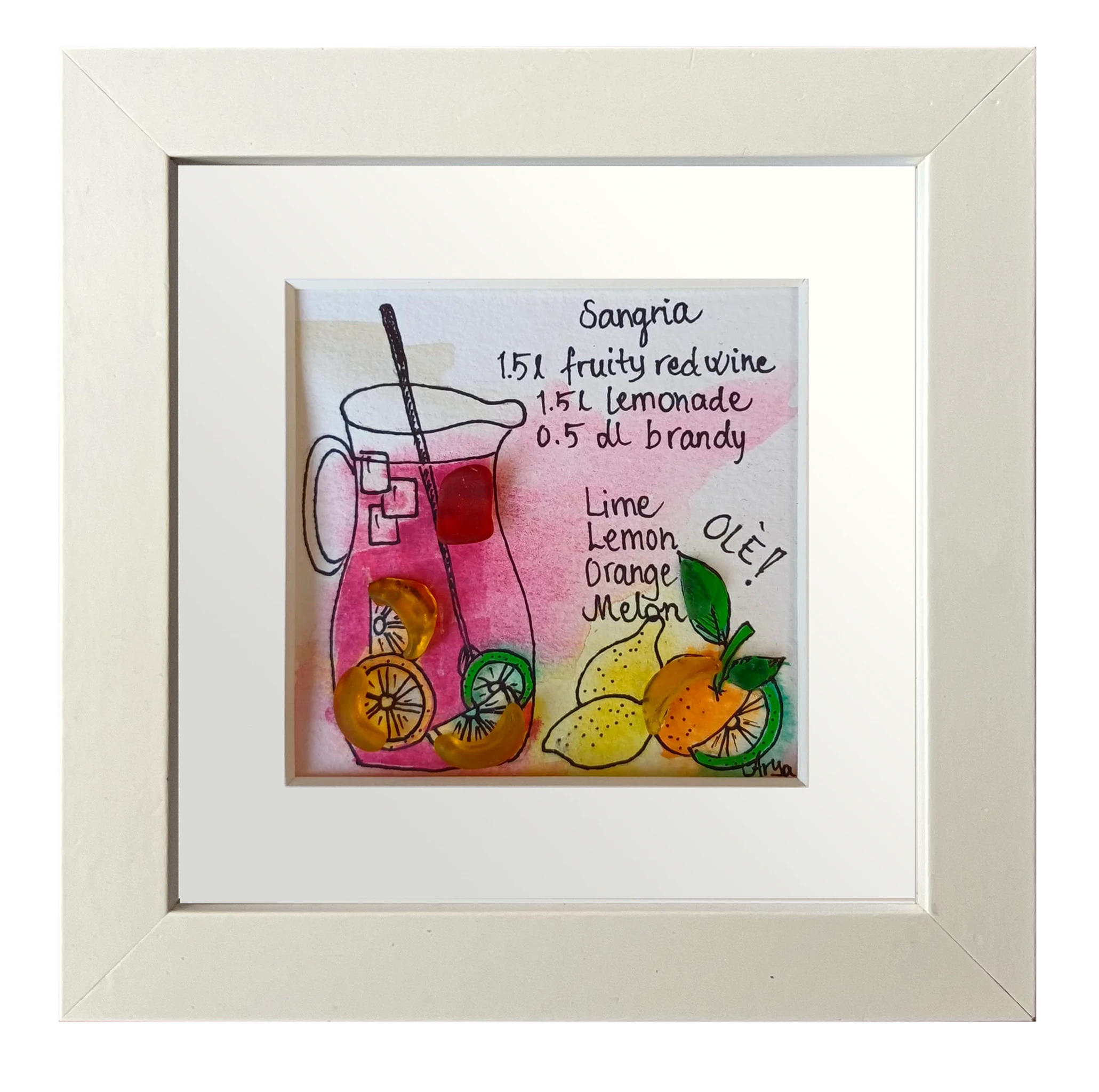 Refrescante cuadro con dibujo de jarra de sangría con decoración de naranja y limones con la receta escrita. Acuarelas y vidrio de mar naranja y rojo dando volumen a la fruta