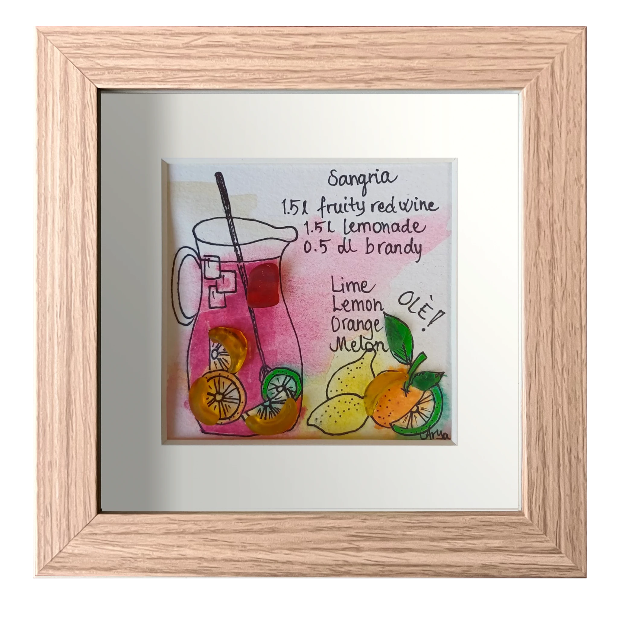 Refrescante cuadro con dibujo de jarra de sangría con decoración de naranja y limones con la receta escrita. Acuarelas y vidrio de mar naranja y rojo dando volumen a la fruta