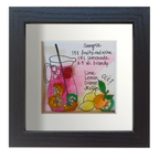 Refrescante cuadro con dibujo de jarra de sangría con decoración de naranja y limones con la receta escrita. Acuarelas y vidrio de mar naranja y rojo dando volumen a la fruta