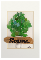 Cuadro con ramas de abedul de cristal de mar verde y tinta con fragmento de madera indicando sauna