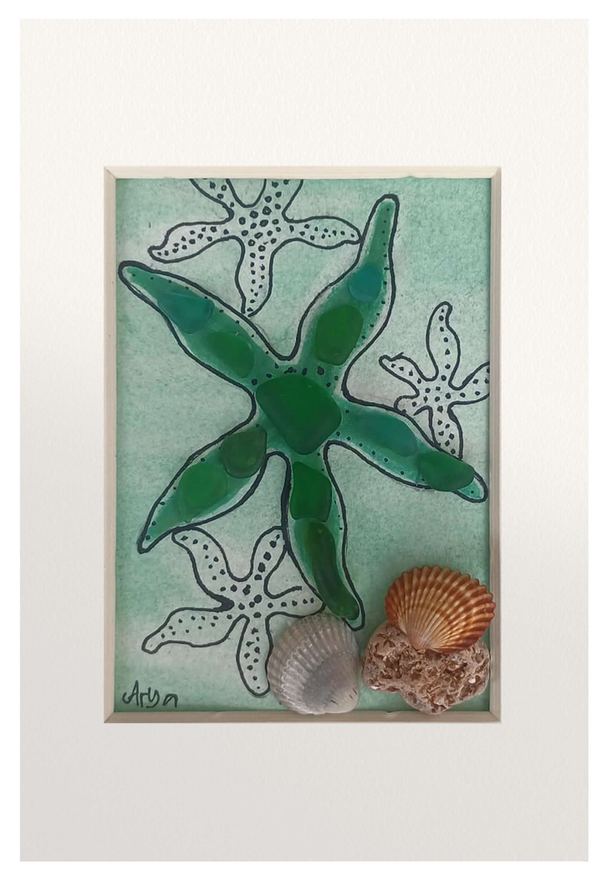 Dibujo de estrellas de mar e el fondo marino. La principal adquiere volumen con vidrio de mar verde