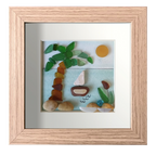 Cuadro con acuarela, tinta y vidrio de mar de un velero en el mar un dia despejado y soleado con una palmera y una planta en flor. Marco madera