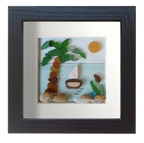 Cuadro con acuarela, tinta y vidrio de mar de un velero en el mar un dia despejado y soleado con una palmera y una planta en flor. Marco negro
